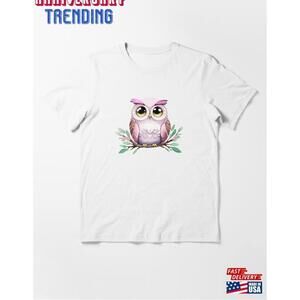 Cute Owl On A Branch With Flowers Watercolor Illustration Essential Tshirt